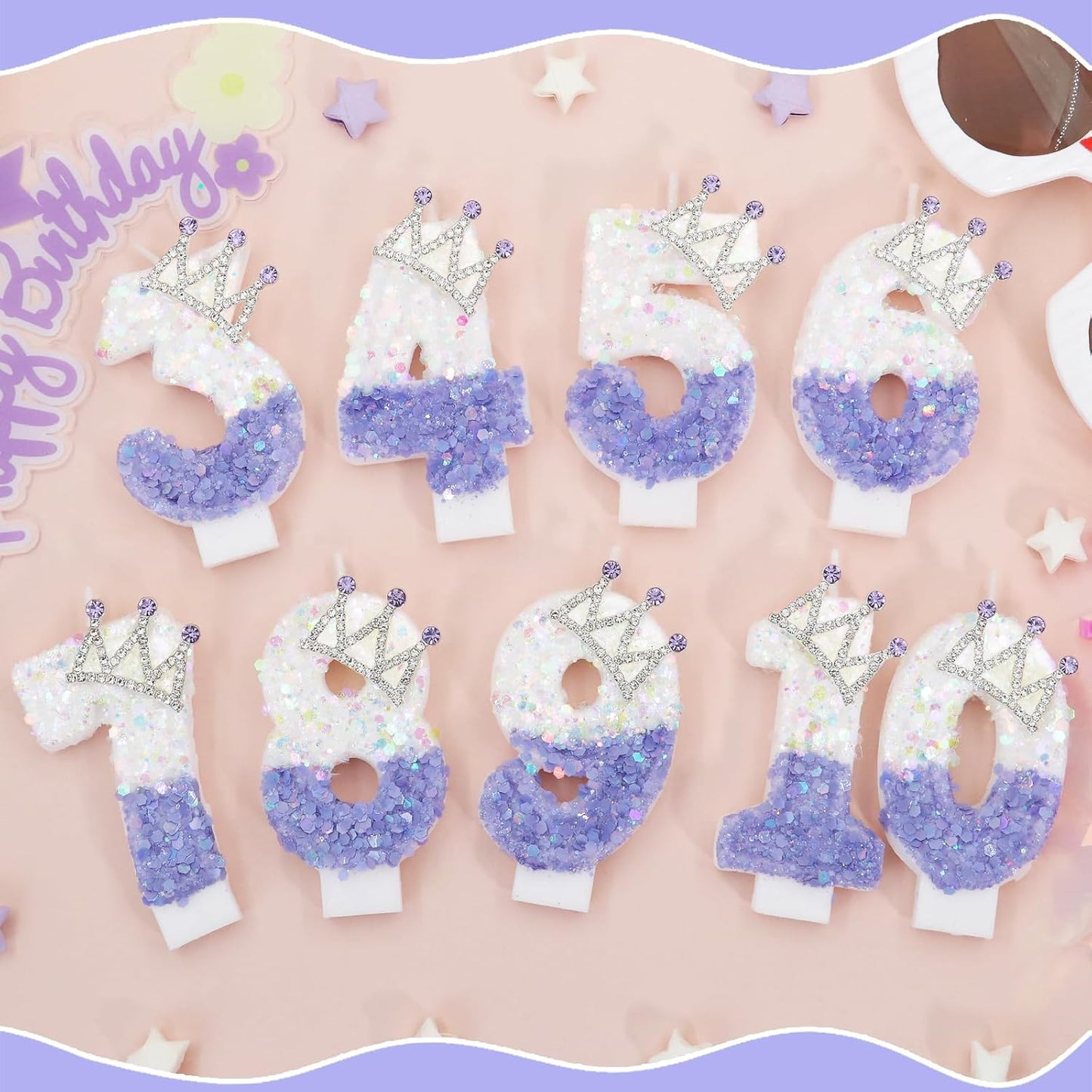 Purple White Number 5 Candle, Glitter Crown Cake Topper, Princess Birthday Party Decorations for Girls and Women Anniversary Celebrations Party Favors