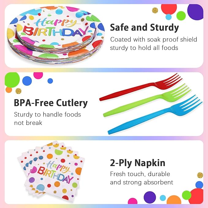 Multicolor Birthday Decorations Plates Set for 25 Guests, 100 Pieces Birthday Paper Plates Napkins Forks with Colorful Dots Design Tableware for Kids Boys Girls