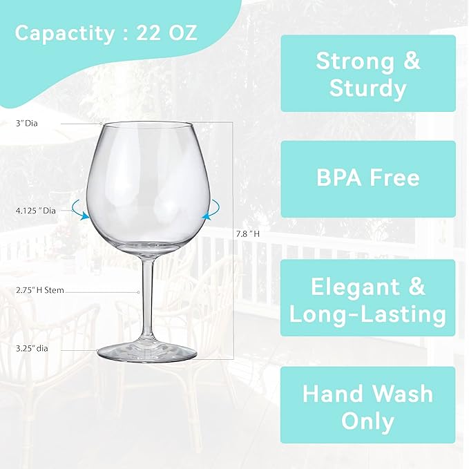Lily's Home Unbreakable Pinot Noir and Burgundy Red Wine Glasses, Made of Shatterproof Plastic, Ideal for Indoor and Outdoor Use, Reusable and Crystal Clear (22 oz. Each, Set of 2)