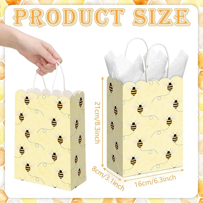 Kolldenn 24 Pcs Bee Party Gift Bags with Handles Paper Candy Treat Goodie Bags Scalloped for Birthday Decoration for Bridal Baby Shower Tea Party Supplies