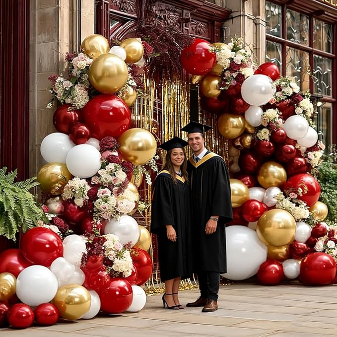Red White Gold Balloon Arch Double Stuffed Burgundy Red Gold Pearl White Balloon Garland Kit Wine Latex Balloons for Moster's Day Birthday Wedding Engagement Graudation Party Decorations