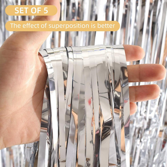 5 Pack Silver Foil Curtain Backdrop 3.2ft x 9.8ft Metallic Tinsel Foil Fringe Curtains Streamer Photo Booth Backdrop for Birthday Party Engagement Bachelorette Party Decorations (Silver)