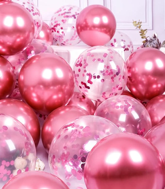 SUWEN Pink Metallic Balloons and Confetti Balloons Set 47PCS Latex Helium Chrome Hot Pink Balloon for Birthday Graduation Anniversary Wedding Party Decorations