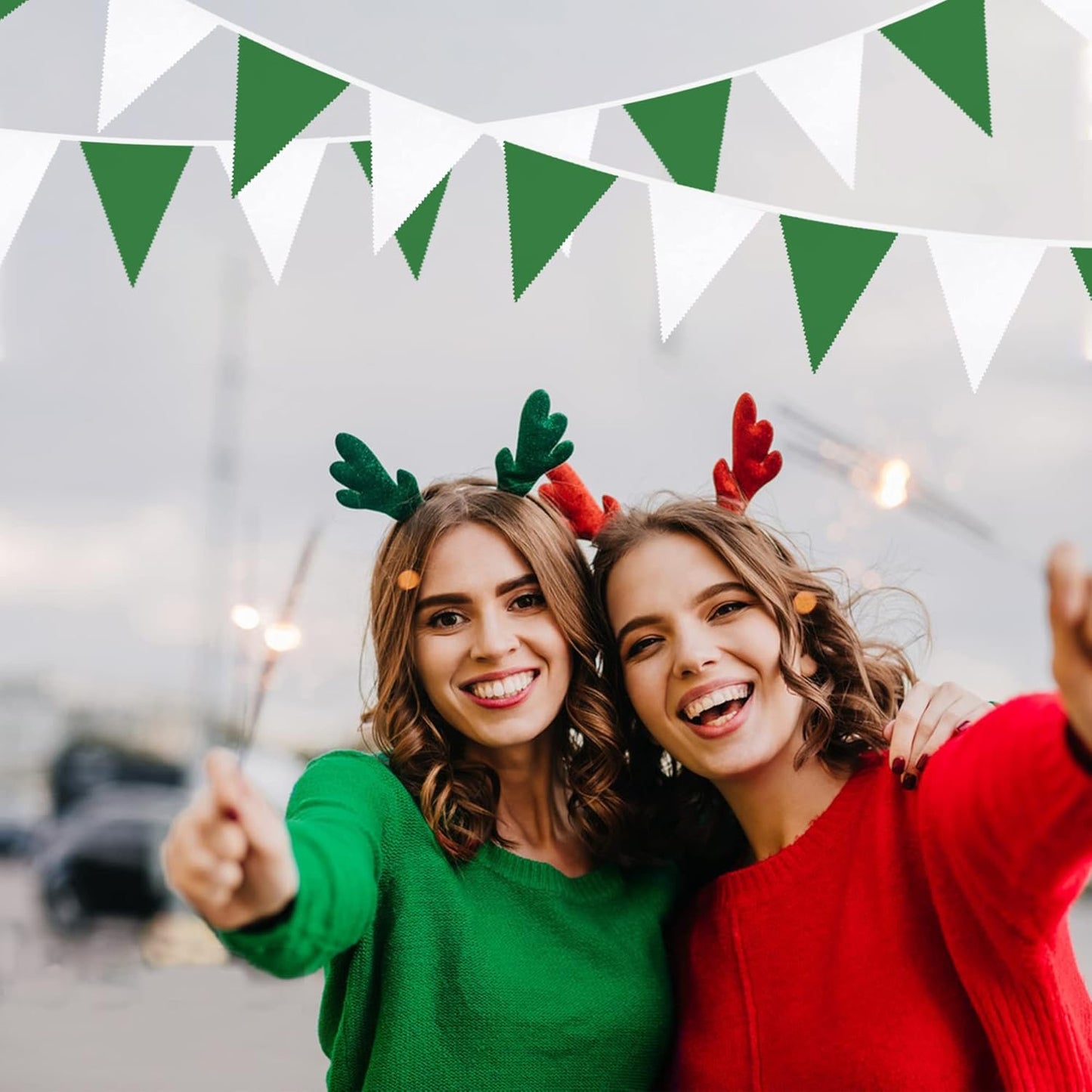 32Ft Green and White Banner Party Decorations Triangle Flag Fabric Banner Cotton Pennant Bunting Garland for Christmas Wedding Birthday Home Nursery Outdoor Garden Masters Golf Party Decoration