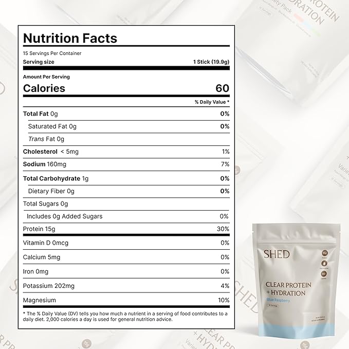 Clear Protein Powder with Electrolytes by Shed, 15g Whey Protein Isolate, Low Calorie and Lactose Free, Light and Clean Hydration Drink, Bloat-Free Post Workout Supplement, Variety Pack (15 Servings)
