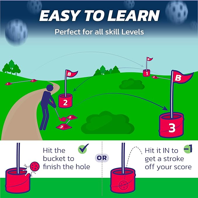 bucketgolf Game 9 Hole Bundle with Clubs - Outdoor Golf Game for All Ages Adults, Kids, Family. Play Golf Anywhere Yards, Beach, Park, Backyard Games. (4 Clubs (4 RH))