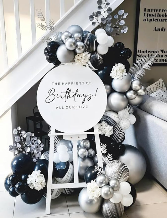 Black and Silver Balloons Garland Arch Kit,135 Pcs Graduation Balloons Kit,Metallic Silver Black White and Confetti Balloons for Graduation Decor,Birthday,Retirement,Wedding, Anniversary Supplie