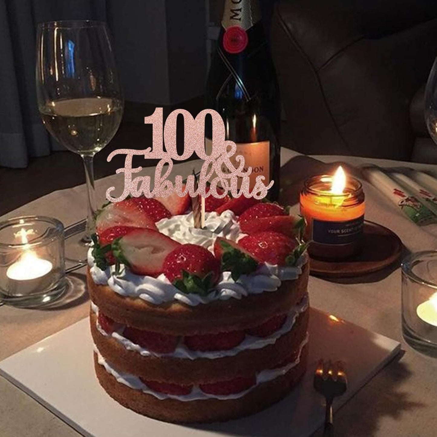 1 PCS 100 & Fabulous Cake Topper Glitter One Hundred Fabulous Cake Toppers Happy 100th Birthday Cake Pick for 100th Wedding Anniversary Birthday Party Cake Decorations Supplies Rose Gold