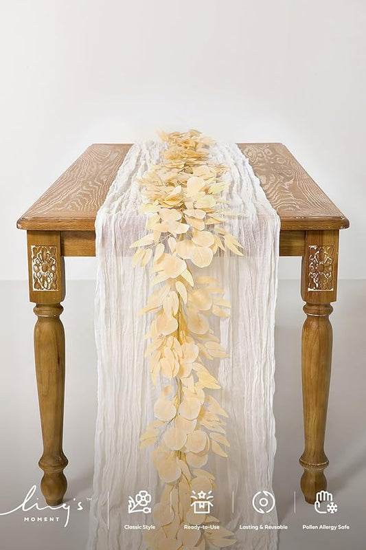 Ling's Moment Eucalyptus Garland for Table, 5.9ft White & Beige Fake Eucalyptus Wreaths with Willow, 2pcs Real Touch Leaf Garland for Wedding Centerpieces Arch Rehearsal Dinner Bridal Shower