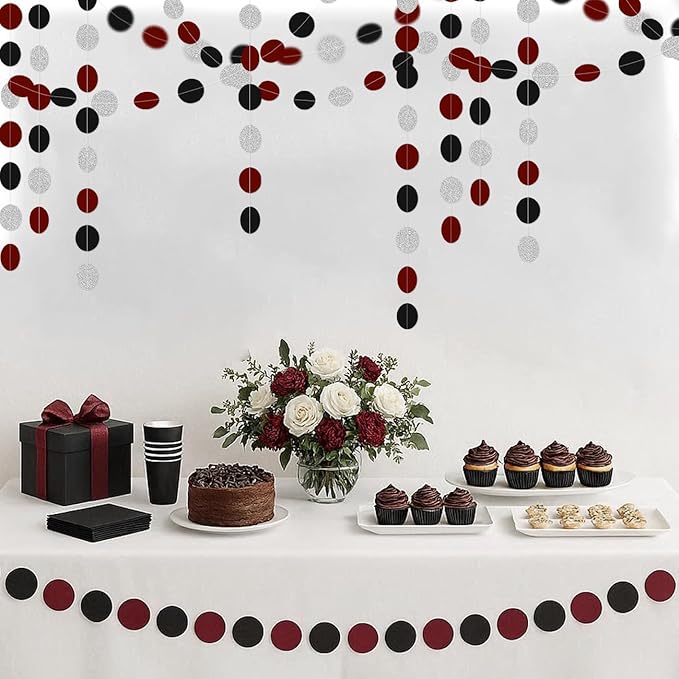 Silver Black and Burgundy-Red Birthday-Decorations - 52Ft Paper Garland Circle Dots Streamers Party Banner Girl Bridal Shower Wedding Bachelorette Engagement Graduation Hanging Decor Hongtongtong
