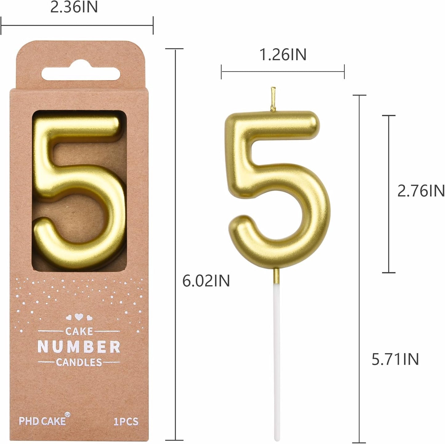 PHD CAKE 2.76 inch Classical Gold 5 Number Birthday Candles, Gold Number Candles, Cake Number Candles, Party Celebration