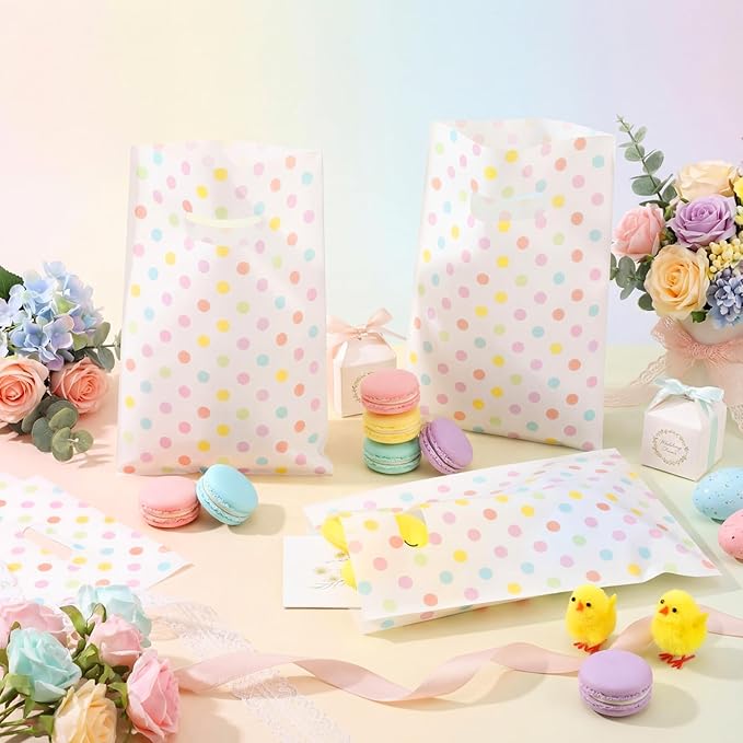 Supervitae 100 Pcs Easter Pastel Gift Bags Polka Dots Party Favor Plastic Bags Bulk with Handles for Birthdays Weddings Snacks Goodie Candy Treat Easter Party Supplies