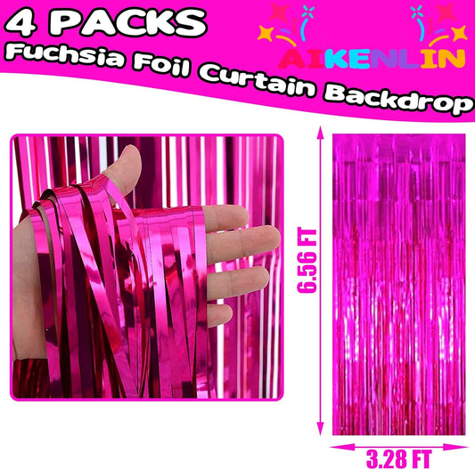 4 Pack 3.3Ft x 6.6Ft Fuchsia Foil Fringe Curtain Backdrop, Metallic Tinsel Foil Fringe Streamers Curtains Background for Photo Booth, Birthday, Wedding, Halloween, Christmas Party Decoration