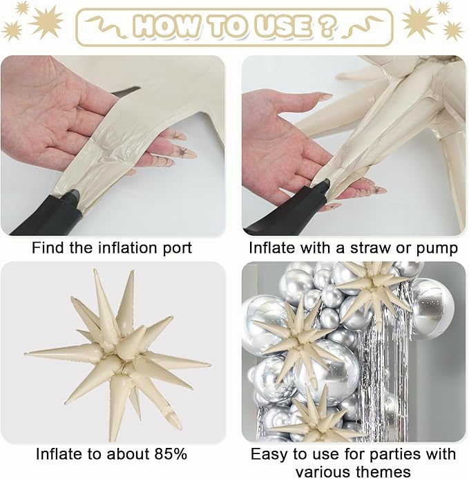 Cream White Beige Star Balloons,9Pcs 22Inch Caramel Sand White Explosion Spike Cone Helium Polyester Film Star Balloon for Birthday Anniversary Baby Shower Disco Party Decorations