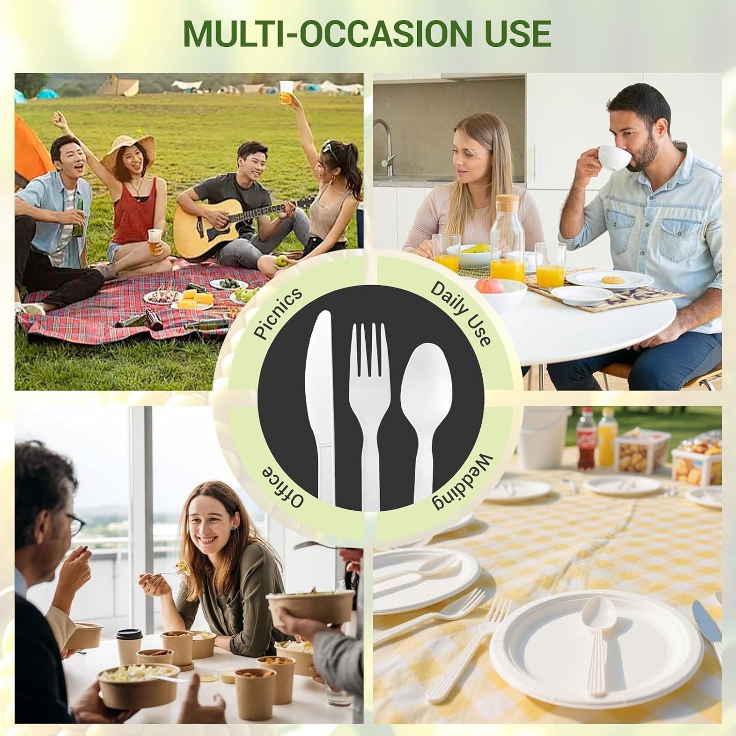 Disposable Cutlery Set - 160 Pcs BPI Certified Disposable Utensils with 60 Compostable Forks, 50 CPLA Spoons and 50 Disposable Knives, Eco-Friendly Compostable Cutlery for Thanksgiving Day & Daily