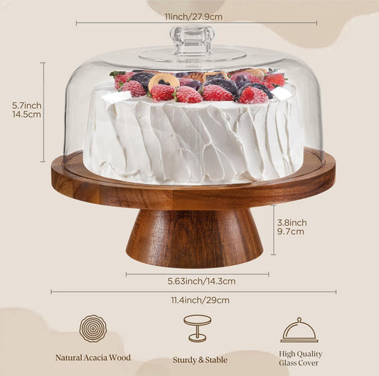 HBlife Cake Stand with Glass Lid (11.4"), Multifunctional Cake Stand with Dome, Acacia Wood 6-in-1 Cake Plate Display Stand with Cover for Baking Gifts, Birthday Kitchen Parties, Weddings