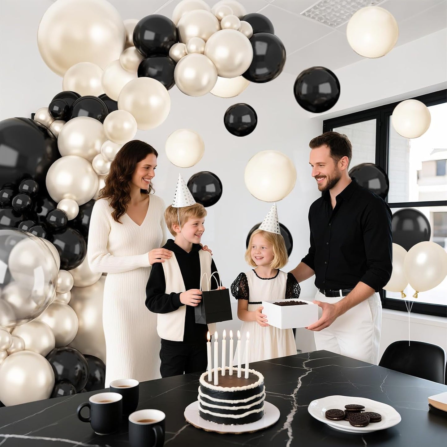 Pearl Sand White and Black Balloon Arch Kit, Double Stuffed White Sand Black Balloons Garland 18/12/10/5 Inch Pearl Balloons for Baby Shower Birthday Wedding Bridal Shower Party Decor