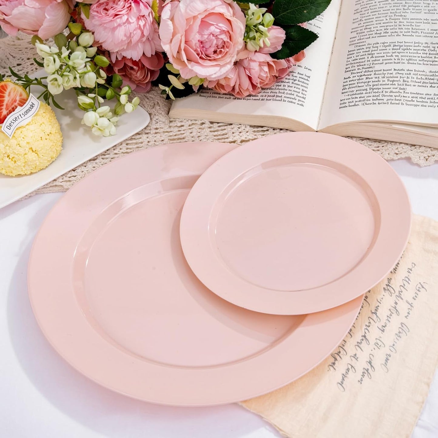 FLOWERCAT 200PCS Pink Plastic Plates Disposable Plates for Party - Heavy Duty Plastic Plates - 100 10" Pink Dinner Plates and 100 7" Pink Salad Plates for Weddings, Easter Parties,Mother's Day