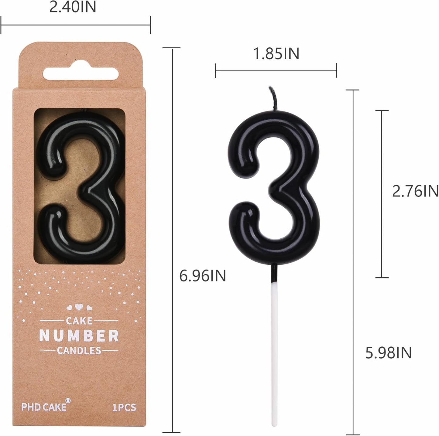 PHD CAKE 2.76 inch Classical Black 3 Number Birthday Candles, Black Number Candles, Cake Number Candles, Party Celebration