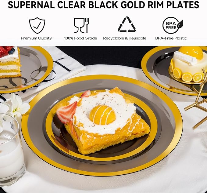 supernal 120pcs Clear Black and Gold Plastic Plates Black Plates Gold Plastic Dinnerware Include Dinner and Dessert Size for Elegant Parties, Valentine's Day Party and Wedding