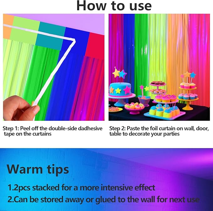 4 Packs Glow in the Dark Foil Fringe Curtain, Macaron Rainbow Blacklight Reactive Fluorescent Tinsel Backdrop Neon Luminous Streamers for Birthday, Wedding, Neon Party, Glow Party Decorations Supplies
