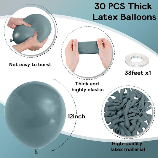 Slate Blue Balloons, 12 Inch 30 Pcs Dusty Dark Teal Latex Matte Retro Sea Fog Helium for Birthday Boho Baptism Baby Shower Party Decorations