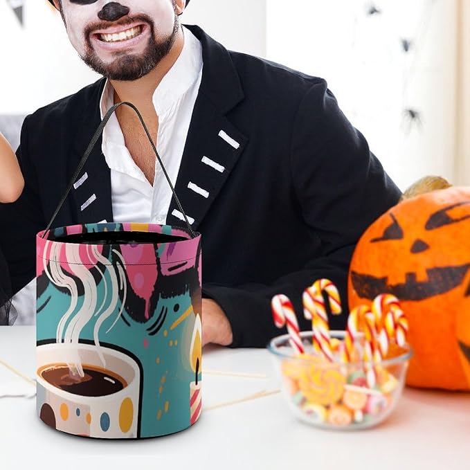 Halloween Candy Bucket - Doodle Style Coffee Cake Trick Or Treat Candy Bag, Gift Bag for Party Favor Supplies