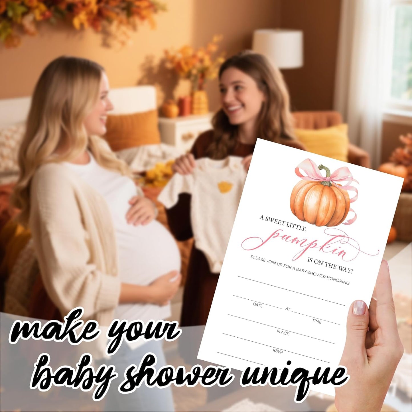 Pink Pumpkin Baby Shower Invitations - “A Sweet Little Pumpkin Is On The Way” Design with Envelopes And RSVP Cards - 20Pcs Fill In Baby Shower Party Cards(4 x 6 Inch) (042)