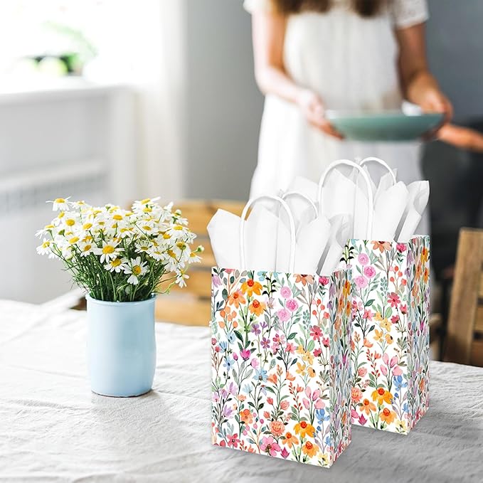 JarThenaAMCS 24Pcs Wildflower Paper Gift Bags Watercolor Floral Colorful Flower Party Favor Bags with Handle and 30 Sheets Tissue Paper for Wedding Birthday Baby Shower Wrapping