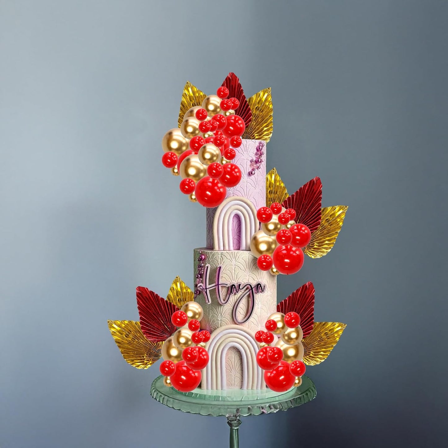 Ephlyn 28Pcs Paper Palm Fan Cake Topper Balls Cake Pick for Baby Shower Wedding Bridal Shower Birthday Party Cake Decorations Supplies Gold Red