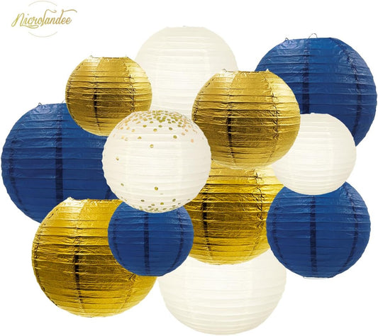 NICROLANDEE Party Decorations - 12PCS Navy Blue Gold Glitter Hanging Paper Lanterns for Graduation Decoration, Birthday, Bridal Shower, Wedding, Engagement, Bachelorette, Gender Reveal Party Supplies