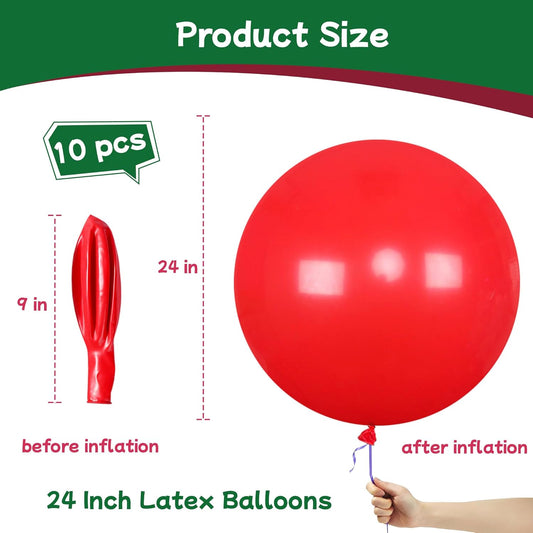 AZOWA 24 Inch Red Balloon 10 Large Latex Balloons for Party Wedding Birthday Baby Shower Decoration (Red, 10 Pcs)