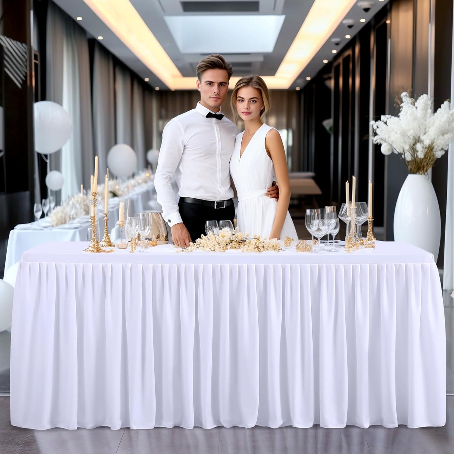 White Table Clothes for Rectangle Tables 6ft, Wrinkle Resistant Fitted Table Cloth with Pleated Ruffle Skirts for Banquet Wedding Baby Shower Folding Table