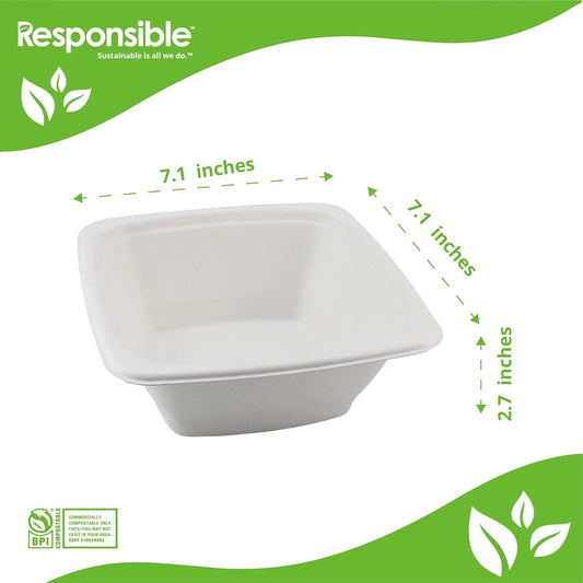 100% Compostable Square Serving Bowls, 32 oz Disposable Paper Bowls, Microwave Safe, Freezer Safe, Soup Safe, No Plastic, Eco-Friendly, Tree-Free, No PFAS. White (50 Count)