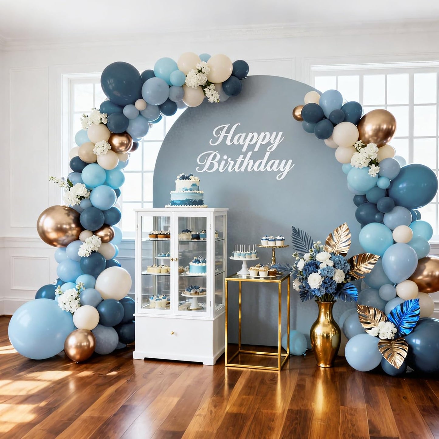 Bezente Dusty Blue Gold Balloons Kit, 60pcs 12 inch Dusty Baby Blue Sand White Champagne Gold Helium Latex Balloons for Baby Bridal Shower Gender Reveal Wedding Engagement Birthday Party Decorations