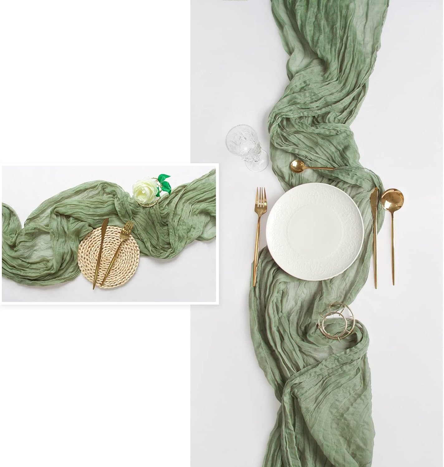 FEXIA 10 Pack Sage Green Table Runner 35x120 Inches for Baby Shower Decoration St. Patrick's Day Gauze Table Runner for Wedding Party Engagement Bridal Shower Boho Decoration (Sage Green)