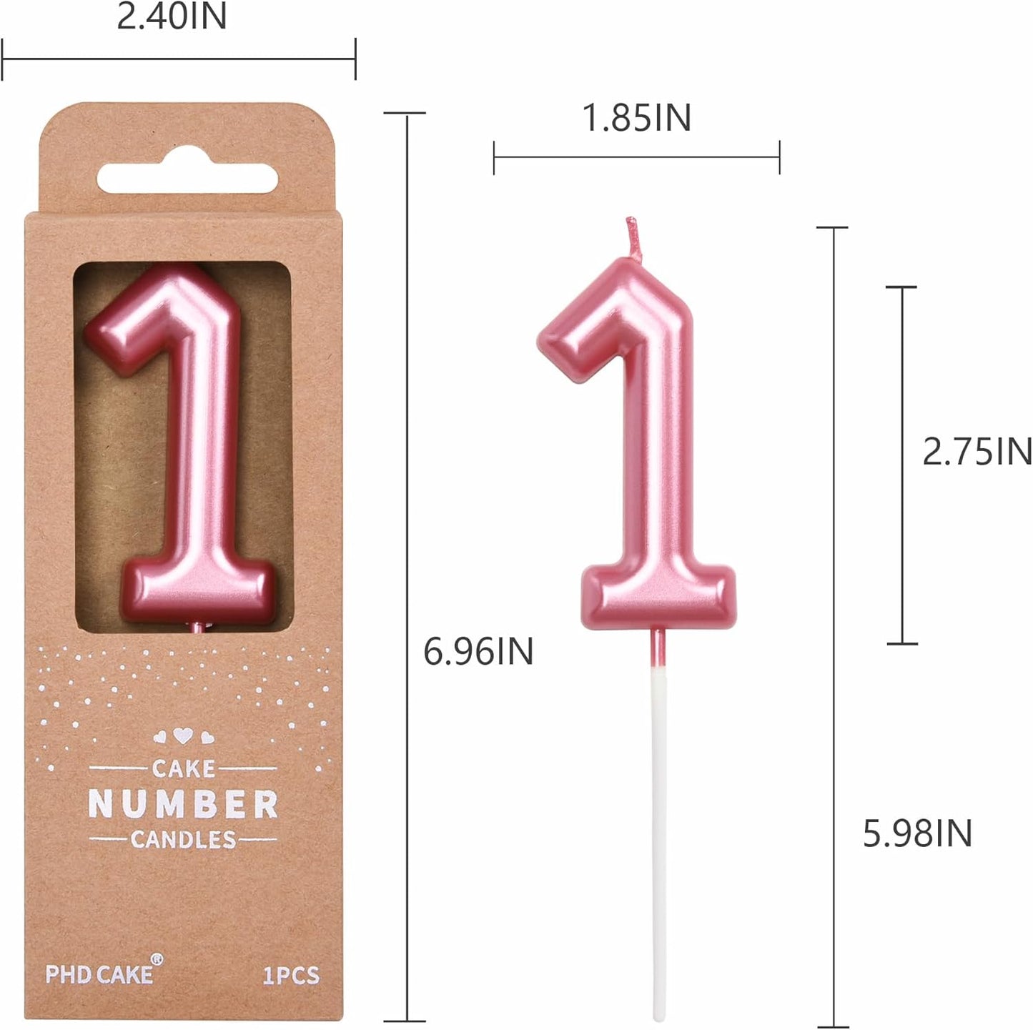 PHD CAKE 2.76 inch Classical Pink 1 Number Birthday Candles, Pink Number Candles, Cake Number Candles, Party Celebration