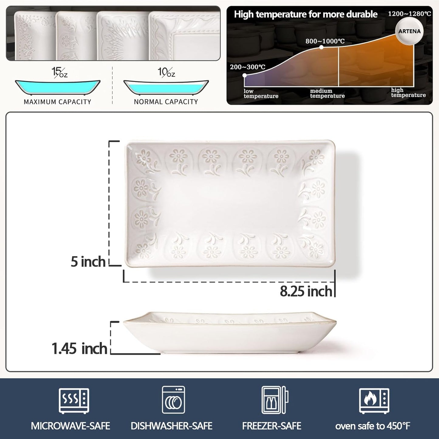 Artena Ceramic 8.25 Inch Rectangle Salad Plates Set of 4 - Deep Plates for Appetizer, Dessert, Dinner, Sushi, Snack, Pasta, Serving - Microwave Safe with Embossed Rim Design (Pinwheel Flower)