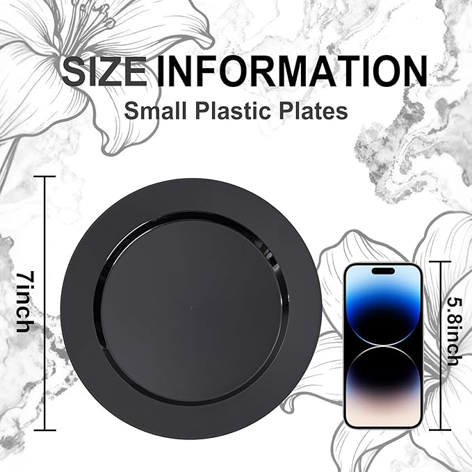 100Pcs Black Plastic Dessert Plates, Disposable Salad Plate, Premium Hard Fancy Small Plates, Heavy Duty Plastic Cakes Plates for Party, Wedding and Birthday