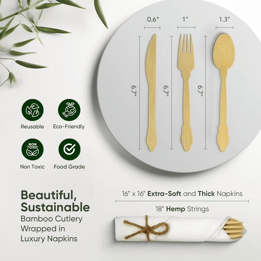 Luxury Pre-Rolled Napkin and Bamboo Cutlery Set (30 Pack, 120 PCS) 100% Biodegradable, Eco-Friendly, Disposable Wrapped Cutlery - Includes Pre-Wrapped Bamboo Forks, Knives, Spoons, & Napkins