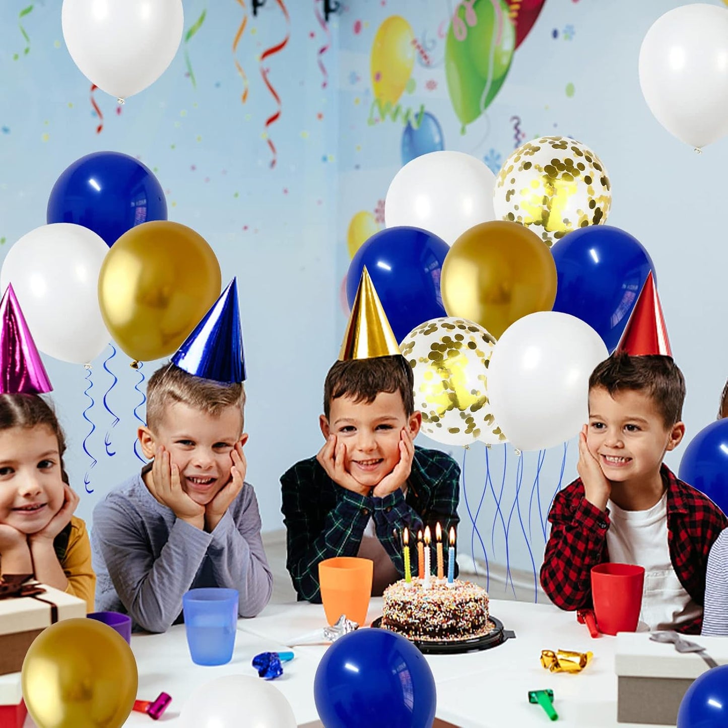 Balloons Royal Blue White Gold Balloons for Graduation Decorations Metallic Chrome Gold Confetti 12inch Dark Deep Blue White Latex Balloon for Birthday Party Anniversary Baby Shower