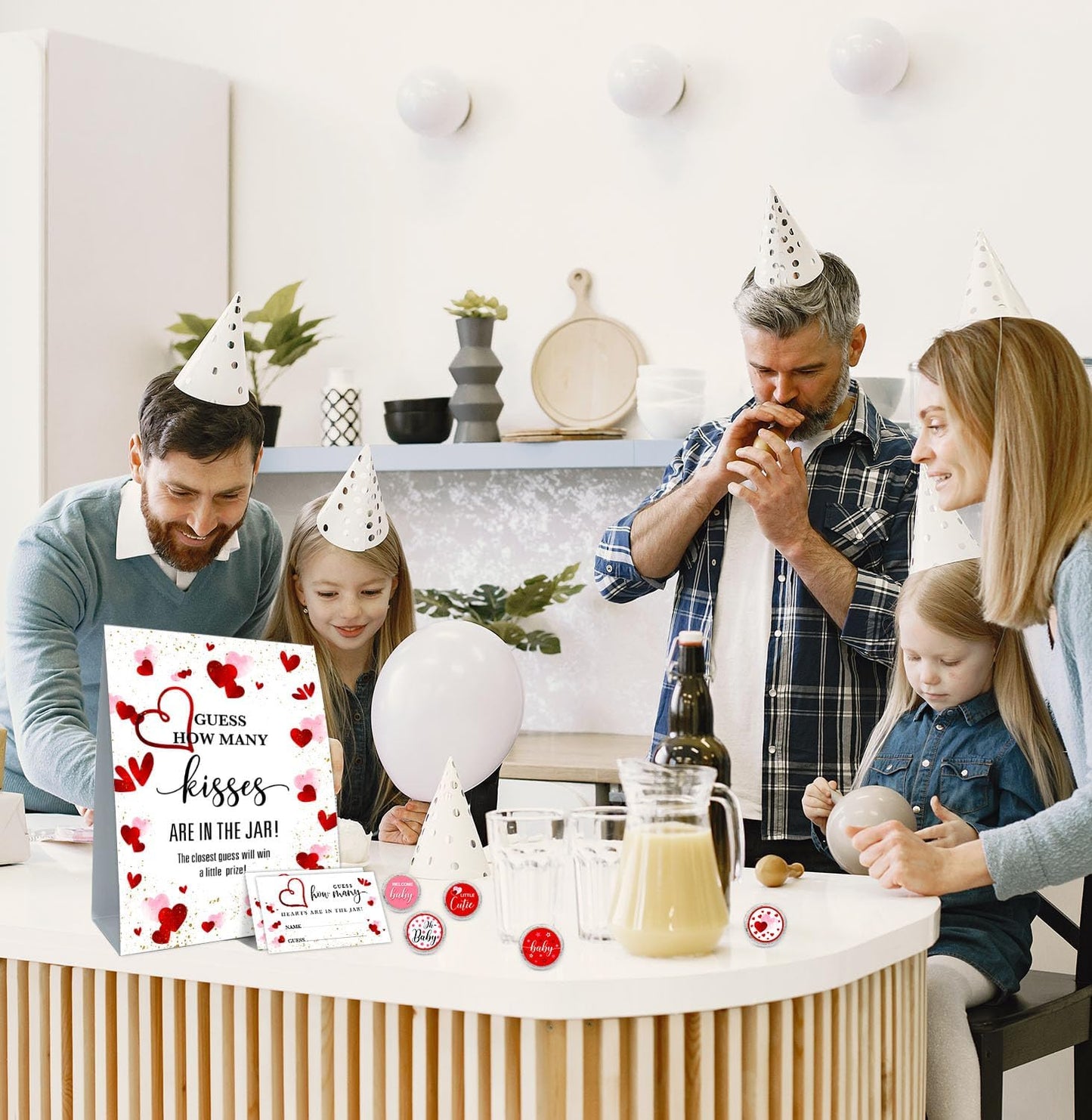 Guess How Many Kisses Baby Shower Game Set - Standing Sign, 50 Guessing Cards, 180 Stickers for Kid's Birthday Party