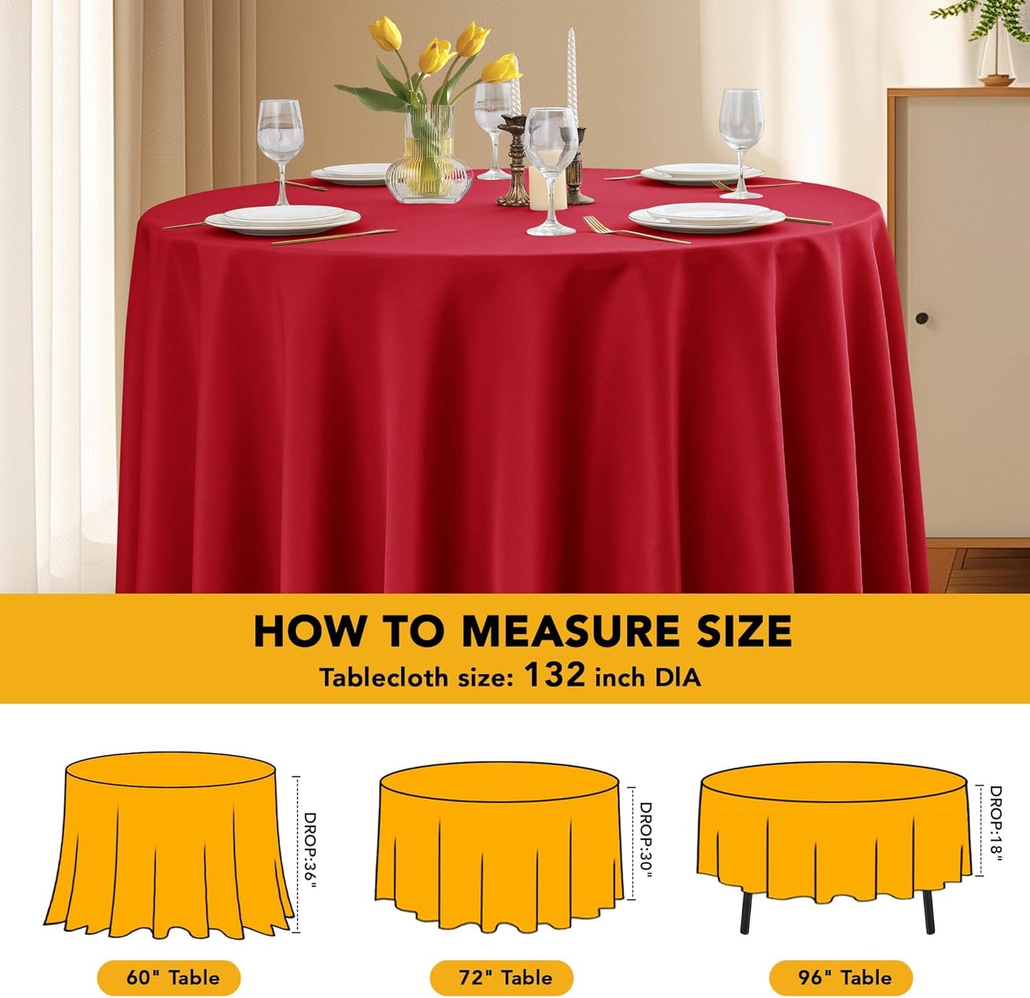 6-Pack Red Round Tablecloths, 132 Inches, Stain-Resistant Polyester for 6-8 Ft Round Tables - Washable Table Covers for Weddings, Banquets, Birthday Parties, Events