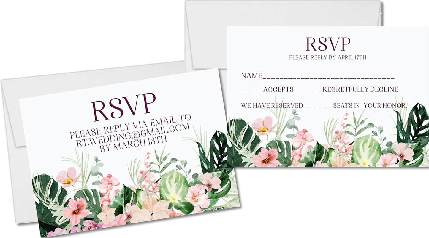 Purple & Green Orchid Wedding Invitations, Tropical Destination, Personalized, Set of 12 Invitations with Envelopes