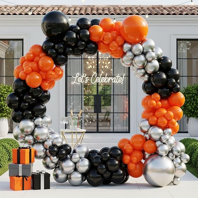 133pcs Orange Black Silver Balloons Garland for Halloween Decorations, Graduation, Basketball Theme Decorations, Party Backdrop, Birthday, Haunted House, Trick or Treat Party Supplies