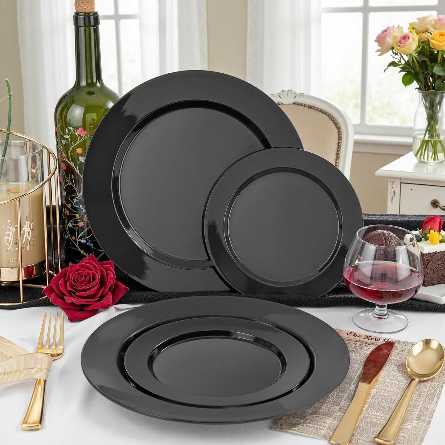 FLOWERCAT 200PCS Black Plastic Disposable Plates for Party - Black Plastic Plates - Serve for 100 Guests for Halloween Parties and Birthday Events