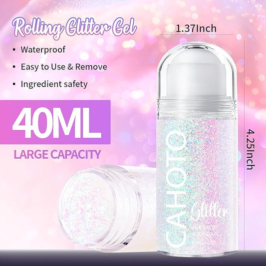 CAHOTO Pastel Rolling Glitter for Face Body & Hair, Sparkling Holographic Chunky Shimmer, Roll-on Sequins for Singer Concert Rave Festival Halloween Party Carnival, 1.35fl.oz