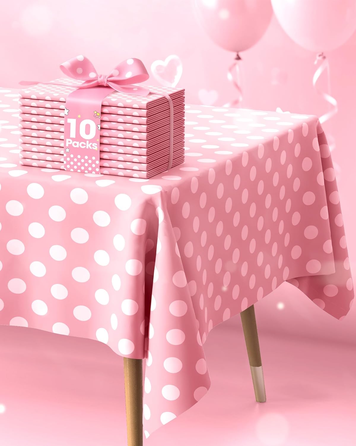 Pureegg Plastic Table Cloth Disposable 10 Pack, 54 x 108 Inch Table Cloths, Birthday, Wedding, Pink Girl Party, Picnic, Decorative Tablecloths, Rectangle Cover, Leakproof & Sturdy, Pink Polka Dot