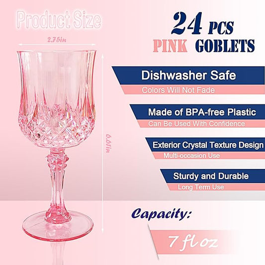 24 PCS Pink Plastic Wine Glasses,Reusable Plastic Wine Glasses,Pink Goblet Glass,Durable and Sturdy Cups Can Be Used for Various Parties Such as Weddings!