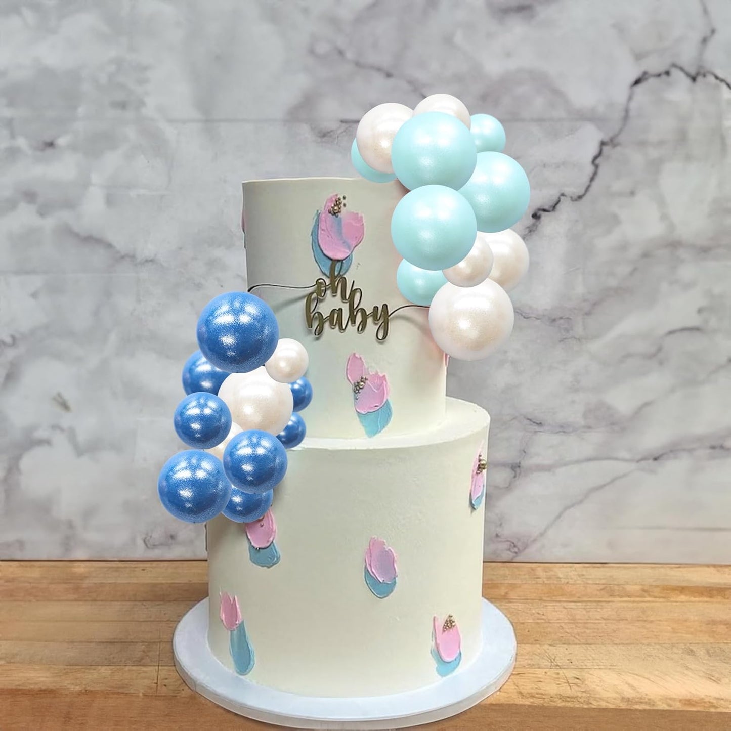 Ephlyn 30Pcs Ball Cake Picks Colorful Ball Shaped Cake Topper Pearl Balls Cupcake Cake Insert Topper for Birthday Party Decoration Supplies Pearl White Blue